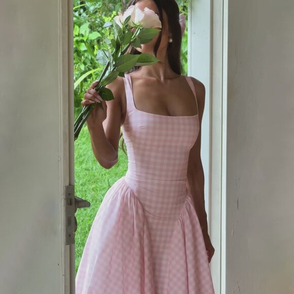 ✨ NEW Pink Gingham Print Full Skirt Midi Dress - Picture 5 of 15